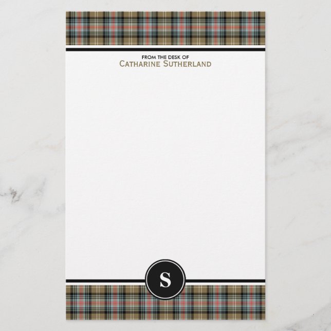 Papelería Clan Sutherland Anciano Tartan Tan Plaid Monograma (Anverso)
