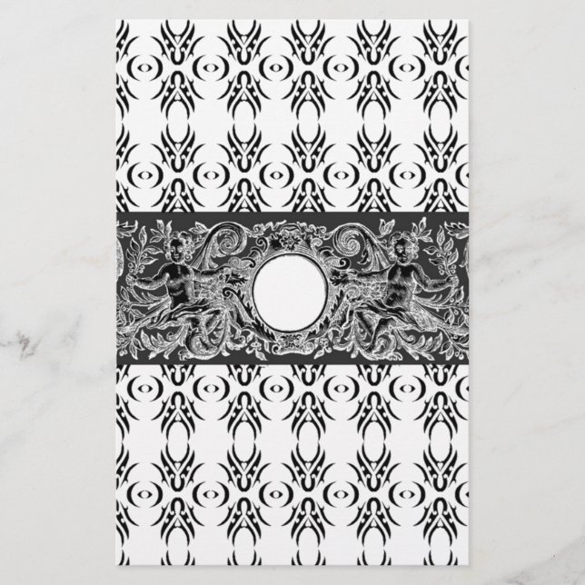 Papelería Clásico patrón barroco blanco negro a personalizar (Anverso)
