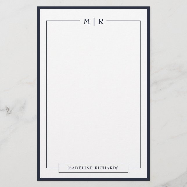 Papelería Classic Monogram Navy Blue Border Stationery (Anverso)