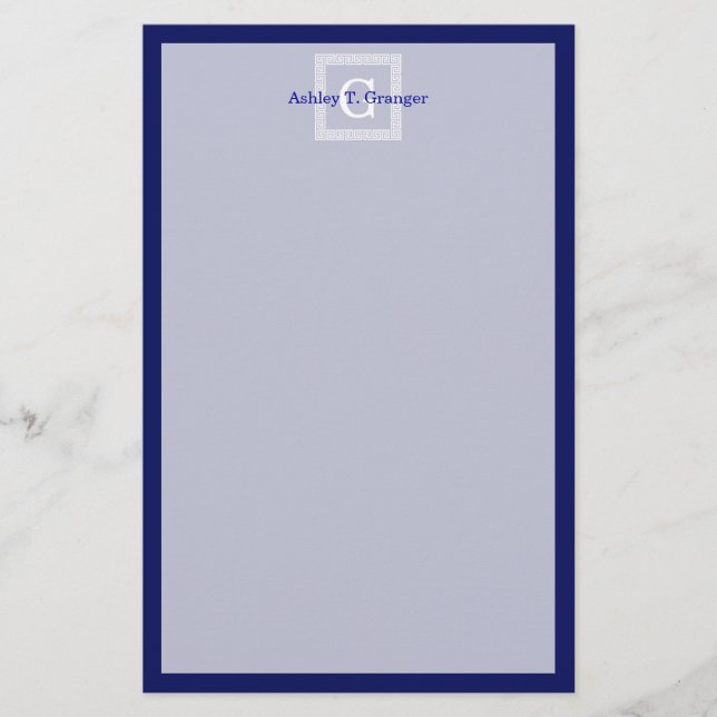 Papelería Clave griega blanca azul de la marina #1 Monograma (Anverso)
