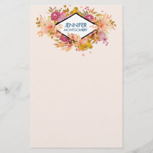 Papelería Comprimido floral rosado con marco de diamante