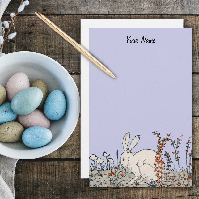 Papelería Conejo Blanco Vintage Elegante (White fluffy rabbit sitting on ground surrounded by flowers on light blue stationery.)