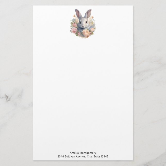 Papelería Conejo rodeado de flores pastel adorable (Anverso)