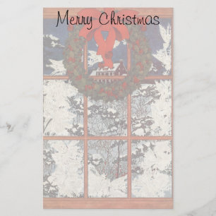 Papelería Corona de Navidad vintage en una ventana con nieve