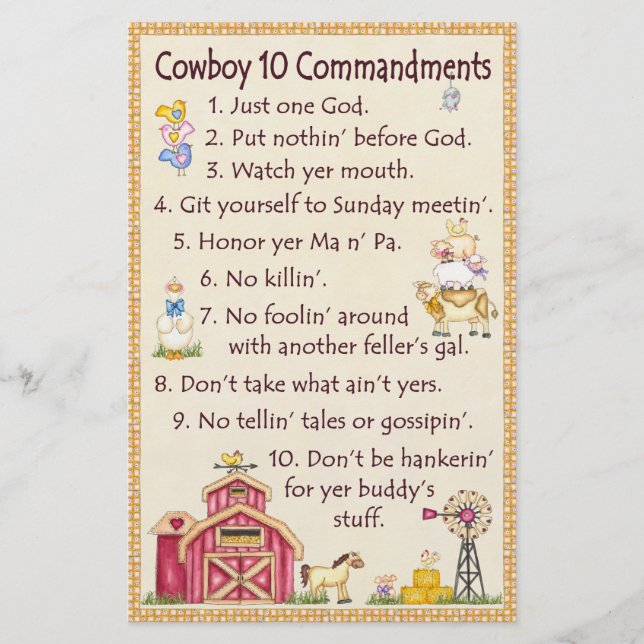 Papelería Cowboy 10 mandamientos - Farm Fun (Anverso)