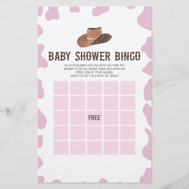 Papelería Cowgirl Rodeo Bingo Occidental Juego de Baby Showe (Anverso)