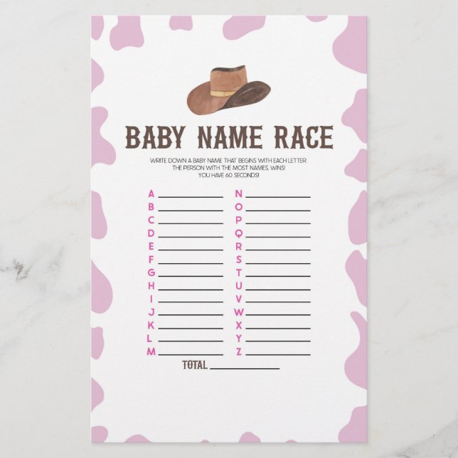 Papelería Cowgirl Rodeo Name Race Baby Shower Game Activity (Anverso)