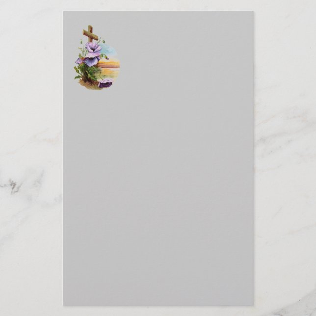 Papelería Cruz De Madera Con Flores Moradas (Anverso)