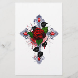 Papelería Cruz de plata con una rosa roja