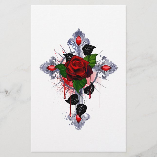 Papelería Cruz de Plata con una Rosa Roja (Anverso)