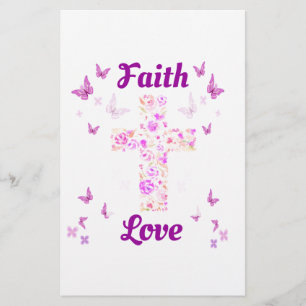 Papelería Cruz de rosas de fe y amor con mariposas rosadas