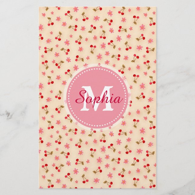 Papelería Cuidados adorables cerezas en monograma y flores (Anverso)