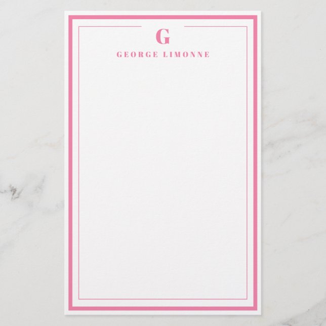 Papelería Custom Monogram Pink Border Stationery  (Anverso)