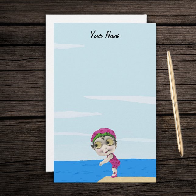 Papelería Cute Big Oyes Chica de natación puntos rosados de  (Cute google eyes little girl swimmer in pink polka dot bathing suit at lake on stationery paper.)