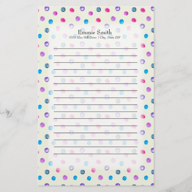 Papelería Cute puntos azul rosado morado personalizados en b (Anverso)