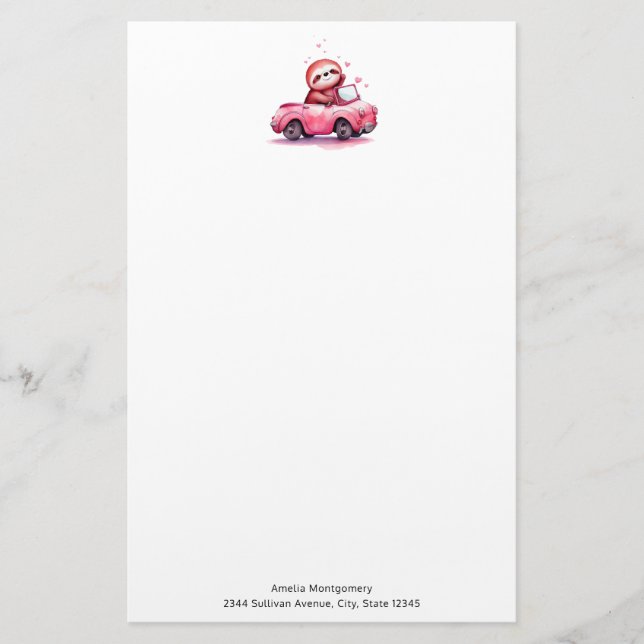 Papelería Cute Sloth Driving a Pink Convertible (Anverso)