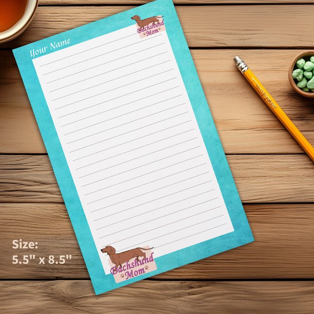 Papelería Dachshund Tu Nombre Mamá Estacionamiento De Borde  (Dachshund Your Name Mom Teal Edge Lined Stationery which can be Personalized)