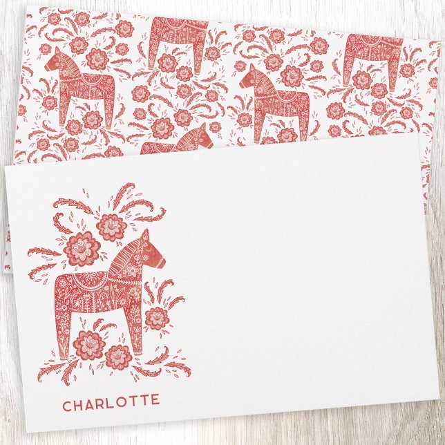 Papelería Dala escandinava - Rojo de caballo personalizado (Red and white Swedish Dala Horse personalized custom name stationery)