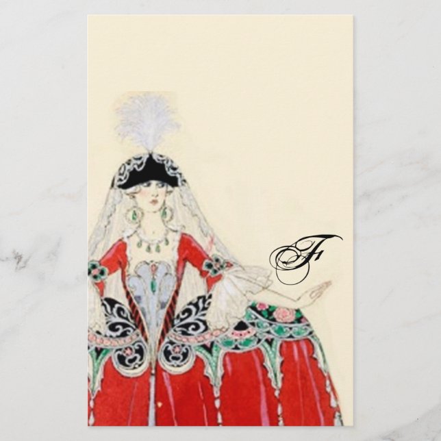 PAPELERÍA DAMA EN ROJO DISEÑADOR DE CÓSTULOS DE MODA MONOGRA (Anverso)