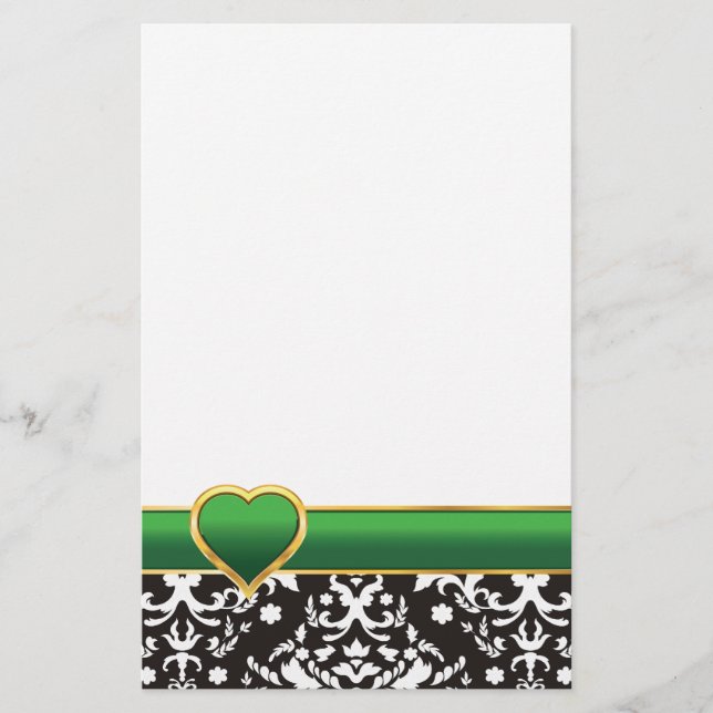 Papelería Damasco blanco negro con banda verde y corazón (Anverso)