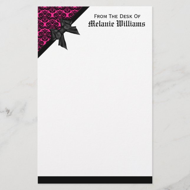 Papelería Damasco de cinta negra y rosa caliente (Anverso)