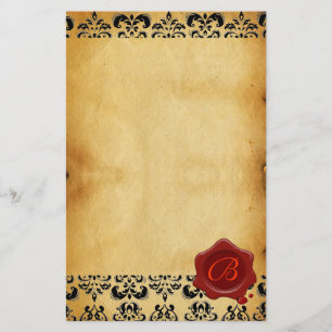 PAPELERÍA DAMASCO DEL PERGAMINO DE BROWN, MONOGRAMA ROJO DEL