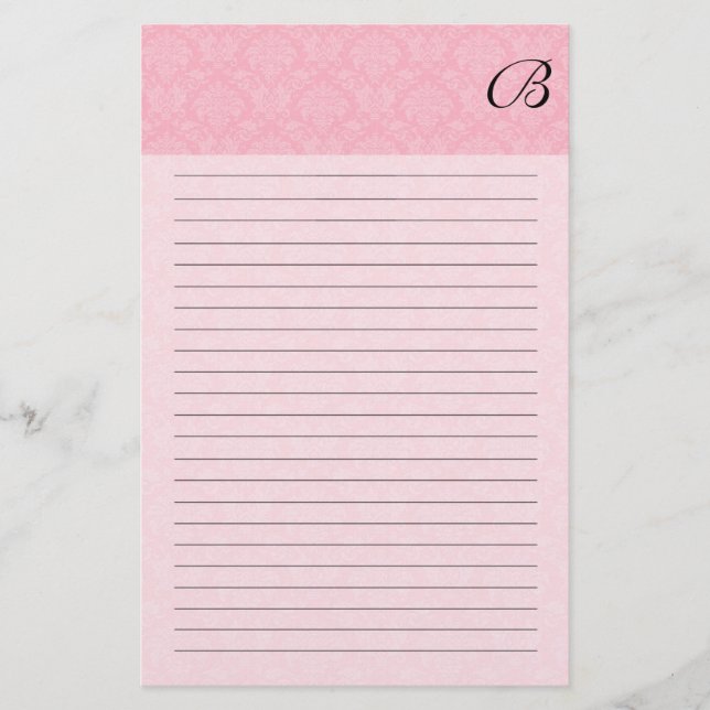 Papelería Damasco rosa con monograma negro y líneas (Anverso)