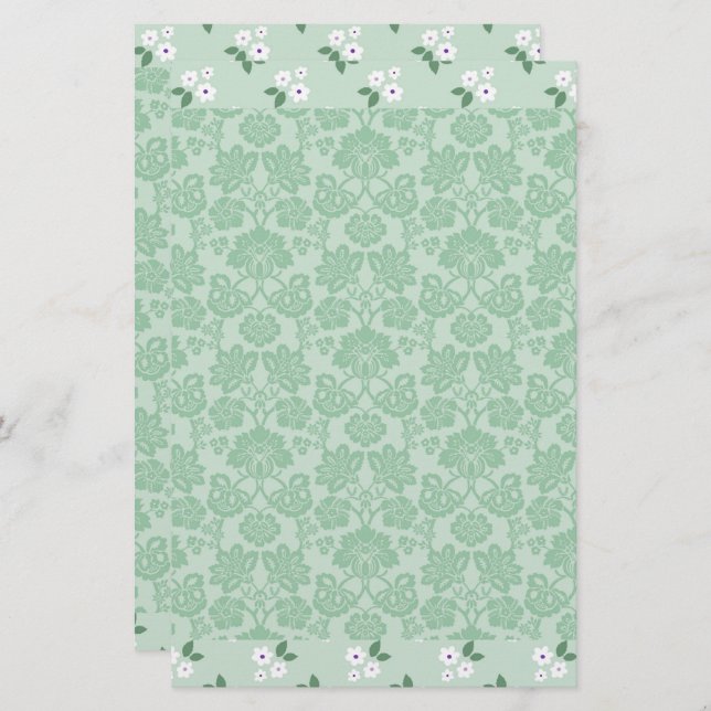 Papelería Damasco verde blanco floral simple moderno (Anverso / Reverso)