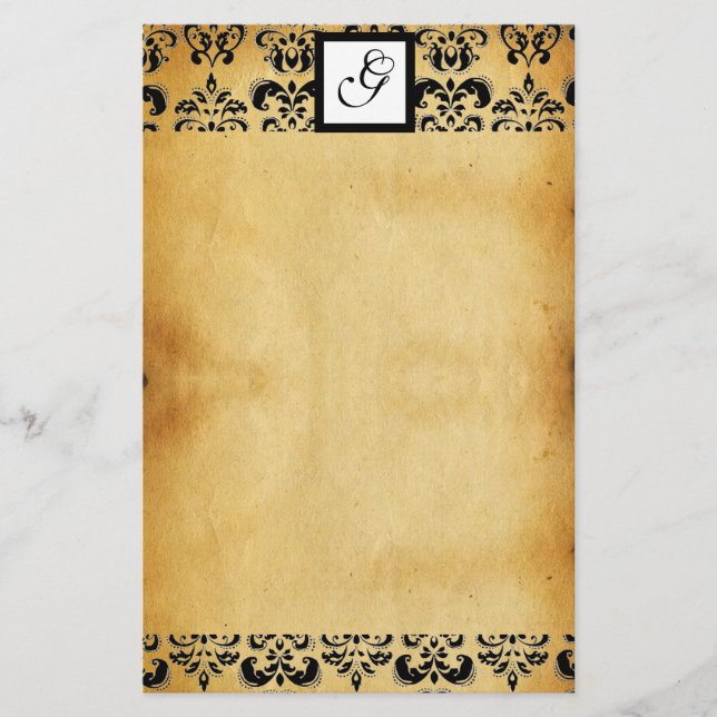 Papelería DAMASK SQUARE PARCHMENTMONOGRAM, negro y marrón (Anverso)