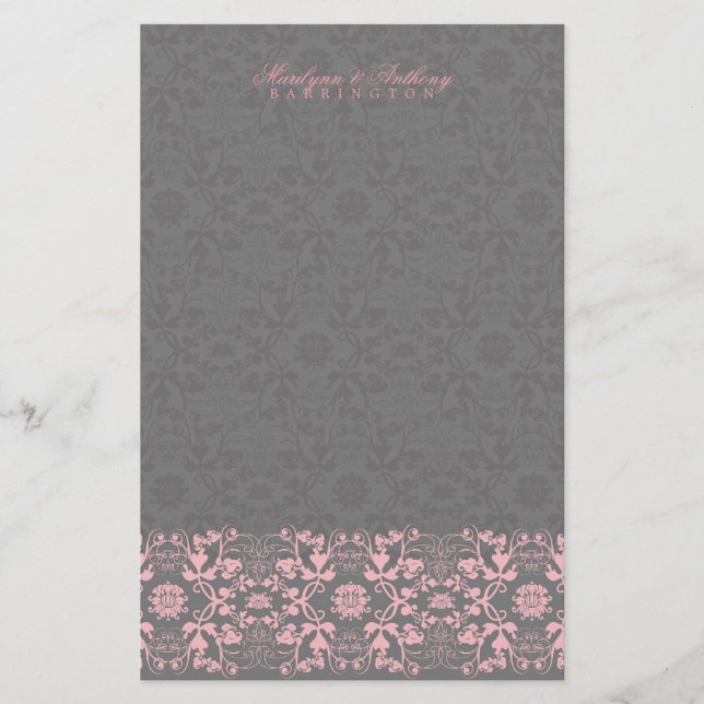 Papelería Damask Swirls Lace Licorice Gracias Stationery (Anverso)