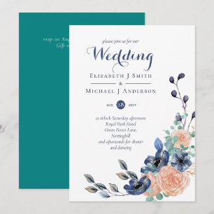 Papelería de Boda Floral Azul Marino Coral con Pre