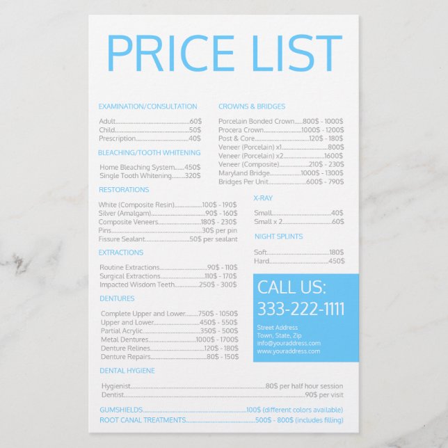 Papelería Dental Practice Dentist Simple Price List (Anverso)