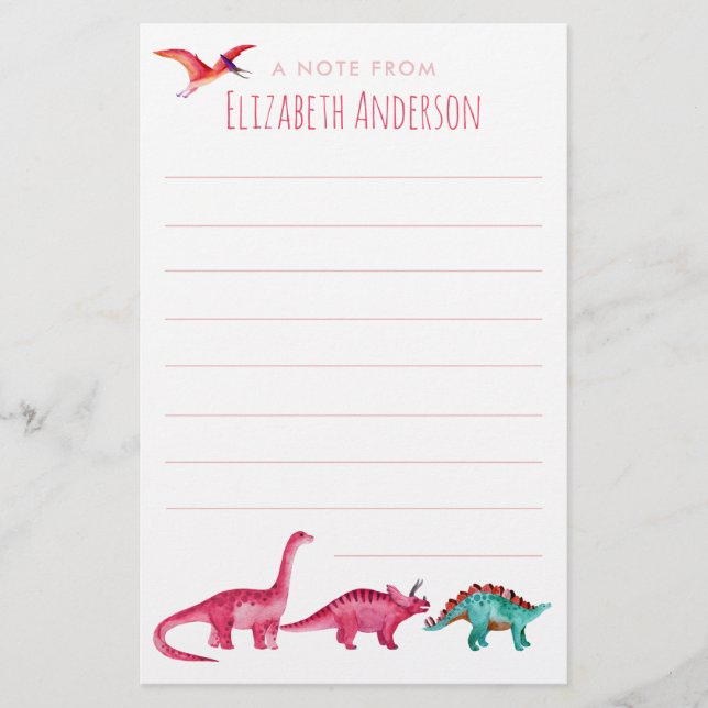 Papelería Dinosaurio rosa acuarela (Anverso)