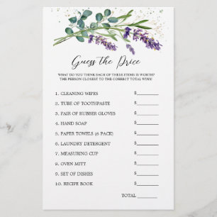 Papelería Ducha de novia adivina juego de precio Lavanda Euc