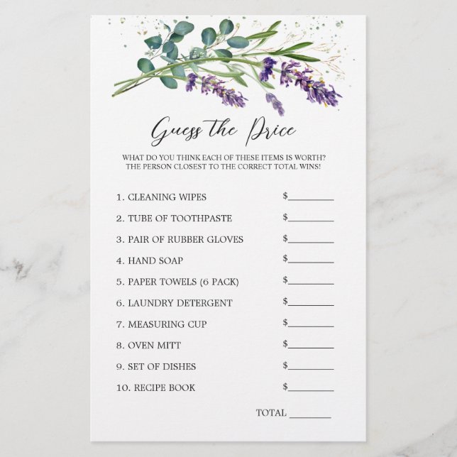 Papelería Ducha de novia adivina juego de precio Lavanda Euc (Anverso)