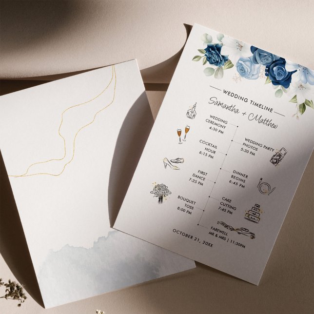 Papelería Dusty Blue Floral Moderno Boda programa itinerario (Wedding Timeline Program Dusty Blue Front and Back View)