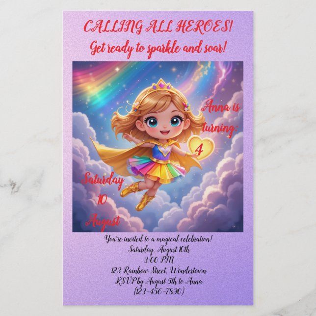 Papelería Editable Birthday Invitation – Superheroine Theme (Anverso)
