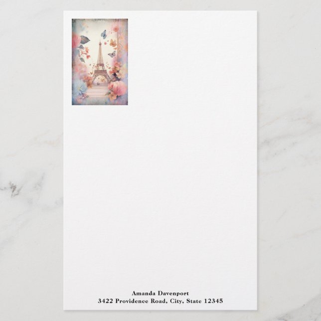 Papelería Eiffel Tower Butterflies and Flowers (Anverso)