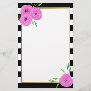 Papelería El blanco negro raya el ranúnculo rosado floral