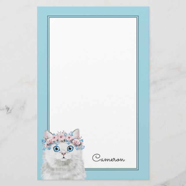 Papelería El gato floral blanco dulce el | añade su nombre (Anverso)