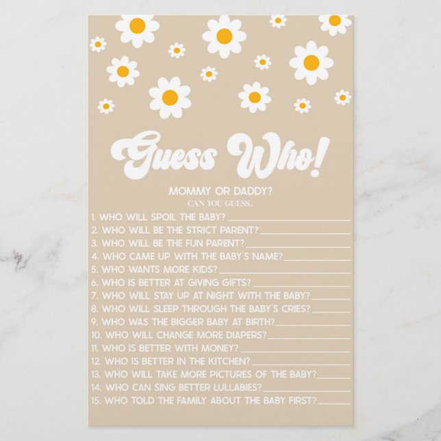 Papelería ¡El Retro Marrón Adivina Quién! Juego Baby Shower (Anverso)