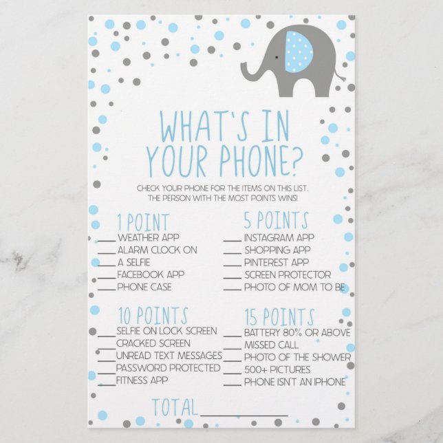 Papelería Elefante Azul en tu juego Baby Shower de teléfono (Anverso)