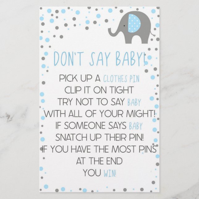 Papelería Elefante azul no digas juego de Baby Shower (Anverso)