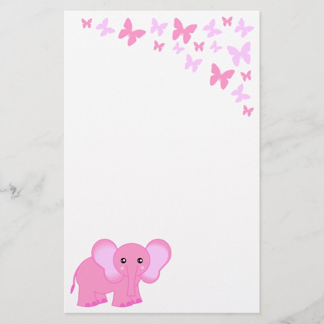 Papelería Elefante De Bebé Rosa Y Mariposas Cuidadosas (Anverso)