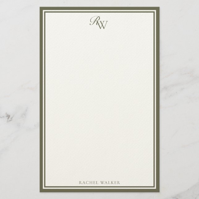 Papelería Elegant Olive Green Monogram Two Border (Anverso)