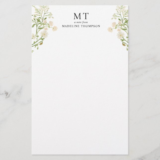 Papelería Elegant White Floral Wildflower Classic Monogram (Anverso)