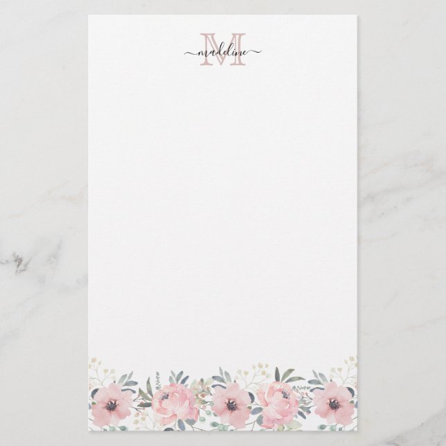Papelería Elegante acuarela Floral Rubor Monograma rosa (Anverso)