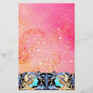 PAPELERÍA ELEGANTE BELLEZA/DAMA CON BOW AZUL, FLORES EN ROSA