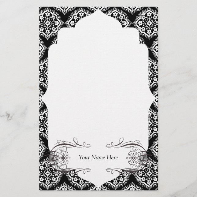 Papelería Elegante blanco negro clásico del damasco (Anverso)