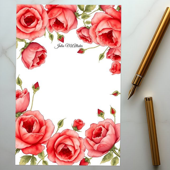 Papelería Elegante borde de rosas rojas con guión personal (Subido por el creador)